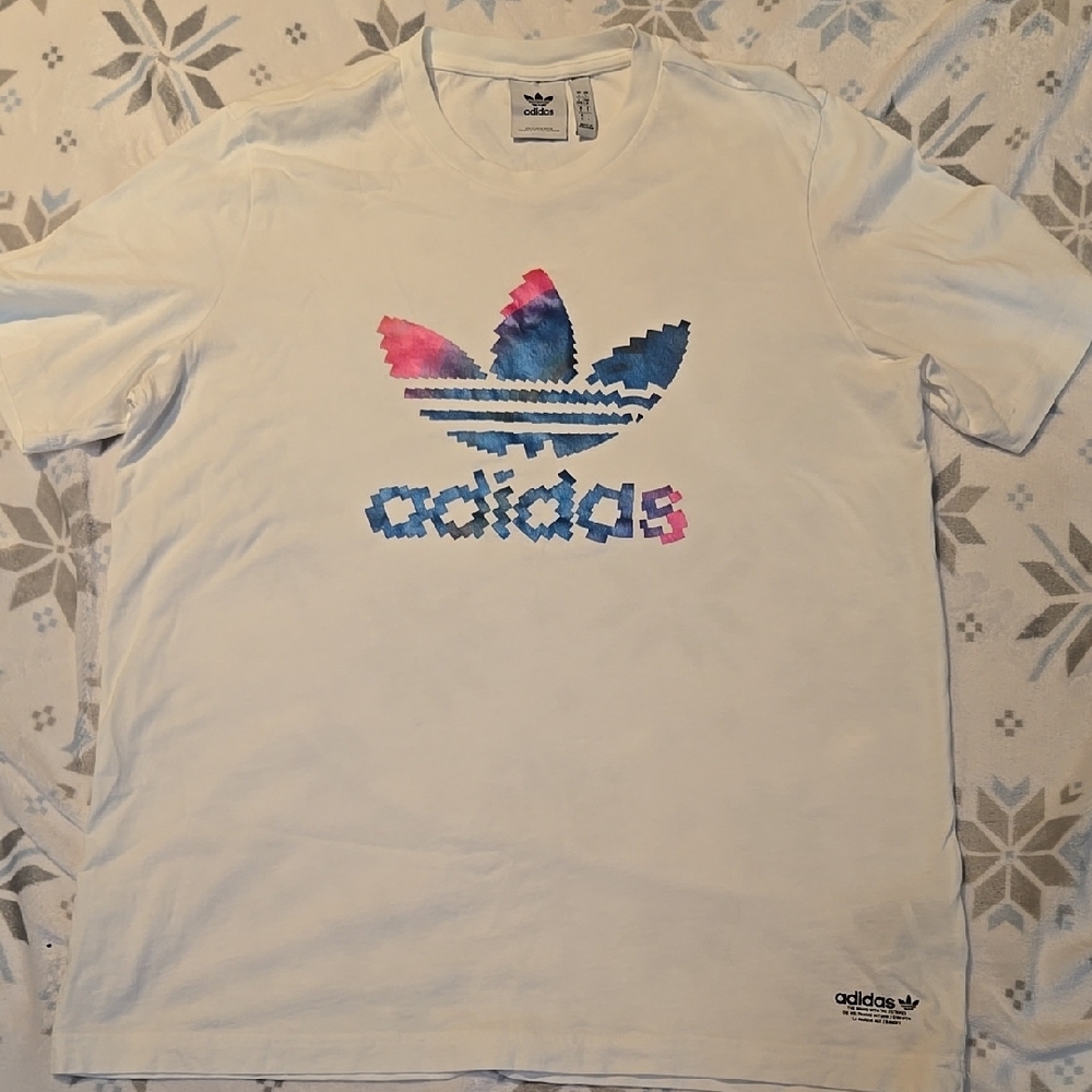Adidas White Tee with Multicolor Logo